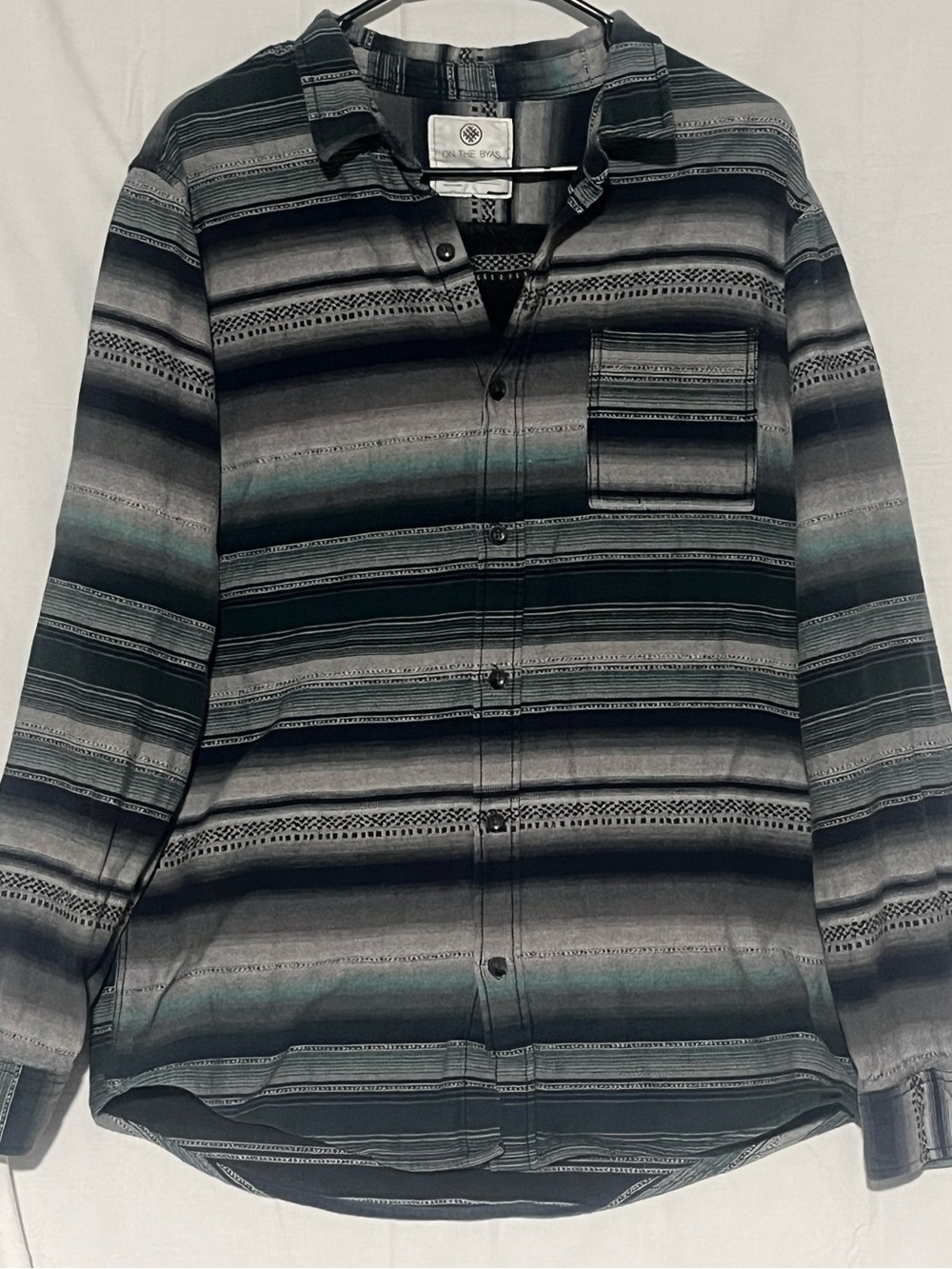 on the byas Men's Striped Button-Front Shirt Streetwear- Black & Gray